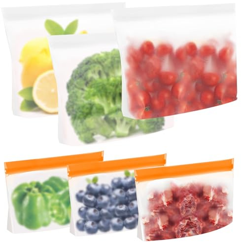 AKONE Gefrierbeutel Wiederverwendbar mit Stehendes Boden-Design, 6 Stück Gefrierbeutel Zipper, Silikonbeutel für Lebensmittel, Küche Aufbewahrungsbeutel für Sandwich, Brot, Gemüse, Fleisch, Snacks