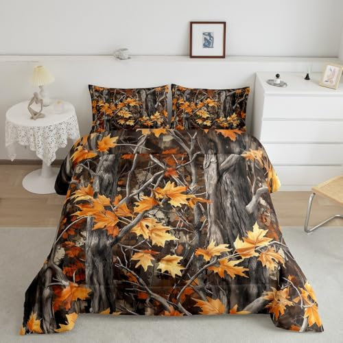 Juego de edredón rústico de estilo rústico individual, juego de ropa de cama de camuflaje con hojas de selva, ramas, cabaña de caza, cabaña de caza, edredón acolchado para niños, adolescentes y niñas