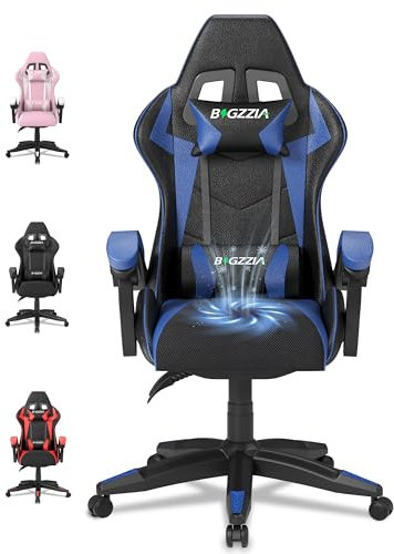 bigzzia Gaming Stuhl Mit Lüfter, Gamer Stuhl Höhenverstellbar Mit Sitzbelüftung, Atmungsaktiver Gaming Chair mit Lendenkissen und Kopfstütze, PC Stuhl für Erwachsene Mädchen Junge Blau