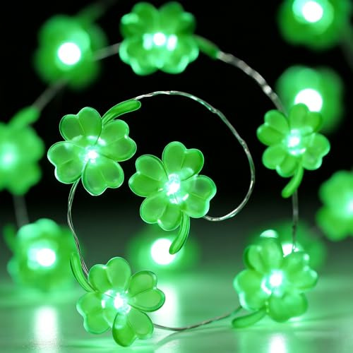 YeahBoom Kleeblatt Lichterkette Grün,2M 20 LED Micro Kleeblatt Draht Lichterketten,Batteriebetrieben,Vierblättrig Klee Lichterkette,Dekolicherkette für St.Patrick's Day,Valentinstag,Party Deko