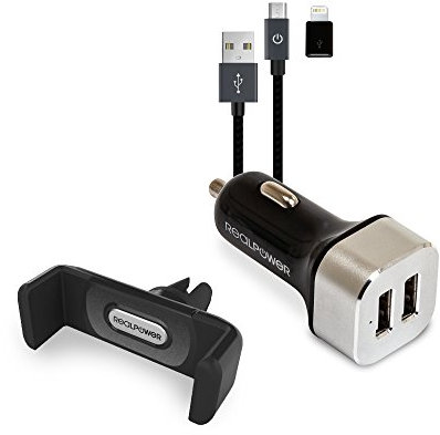 RealPower Mobile Car Set, Smartphone-Halterung, 2-Port USB car charger, Micro-USB auf Lightning Adapter, für iPhone, Samsung Galaxy/Note/S9, HTC, LG, Tablets, Powerbanks & weitere, Schwarz