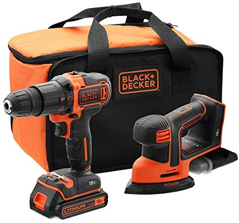 BLACK+DECKER BCK23S1S, trapano a percussione 18 V e levigatrice per dettagli, mouse 18 V con 1 batteria 1,5 Ah, caricatore e borsa per il trasporto