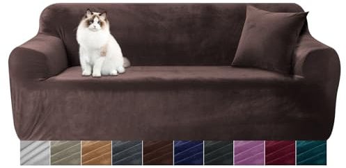 Yeahmart Thick Sofa Covers 1/2/3 Seater Pure Color Sofa Protector Velvet Easy Fit Elastic Fabric Stretch Couch Slipcover (Brown, 3 Seater 195-230cm)
