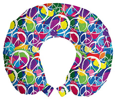 Ambesonne Retro Travel Pillow Neck Rest, Universal Peace Sign on Colorful Pop Art Style Background Pacifist Activism, Memory Foam Traveling Accessory for Airplane and Car, 12, Purple Blue