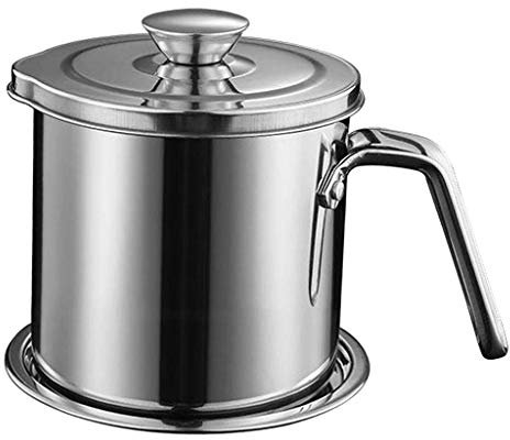 Tubayia Stainless Steel Oil Strainer Pot Grease Jug Can Container Kitchen Grease Oil Container (Silver, 2 L)