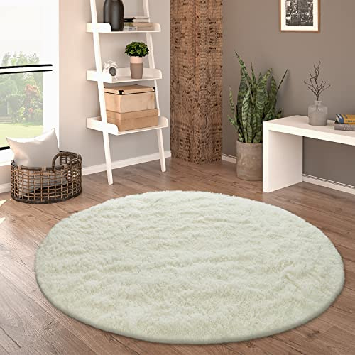 Paco Home Hochflor Teppich Wohnzimmer rutschfest Fellteppich Shaggy Flauschig Weich Modern Kunstfell Fell Imitat Einfarbig, Grösse:200 cm Rund, Farbe:Weiß