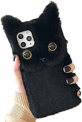 SGVAHY Case Compatible with iPhone 12 Mini, Fluffy Cute 3D Animal Cat Shaped for Women, Soft TPU Case with Shockproof Protection (Black, iPhone 12 Mini)