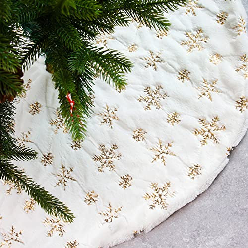 φ 90 cm Weihnachtsbaum Rock - Weiß Plüsch Christmas Tree Skirt mit Goldene Schneeflocken-Pailletten - Runde Form Christbaumständer Weihnachtsbaum Decke Abdeckung für Bodendekoration Weihnachtsdeko