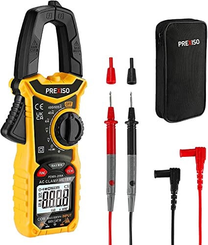 PREXISO Pinza Amperometrica AC 0-600A, Pinza Multimetro con Retroilluminazione per Voltaggio AC/DC, Corrente AC, Capacità, Resistenza, Diodo, Filo Vivo, Vero Valore Efficace