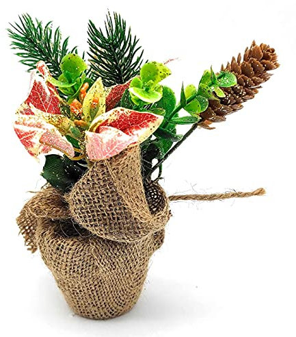 Maceta Decorativa Navidad de poliéster con Glitter 17 cm, Planta Artificial, decoración Festiva repisa Chimenea, Ventana, estantería, hogar, Modelo Aleatorio