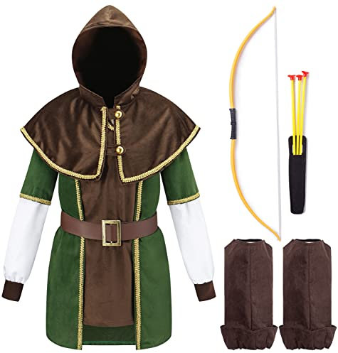 Kinder Robin Hood Kostüm mit Pfeil und Bogen | Für Jungen & Mädchen | grün, braun Größe 140/146