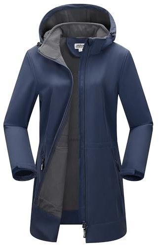 Outdoor Ventures Giacca da donna softshell lunga con cappuccio, foderata in pile, antivento, impermeabile, Blu, XXL