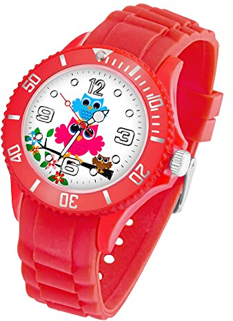 Taffstyle Kinder Armbanduhr Silikon mit Blumen Eulen Familie Motiv Sportuhr Analog Quarz Bunte Sport Uhr Farbige Kinderuhr Mädchen Junge Lernuhr Small 39 mm Rot