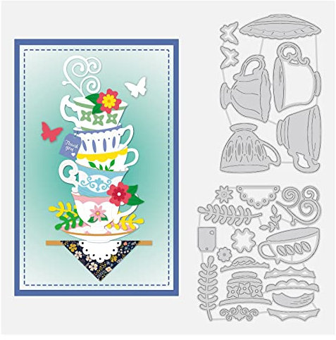BENECREAT Tea Cup Frame Metal Die Cuts, Butterfly Flowers Cup Pattern Carbon Steel Cutting Dies Stencils for DIY Scrapbooking, Photo Album, Decorative Embossing, Paper Card