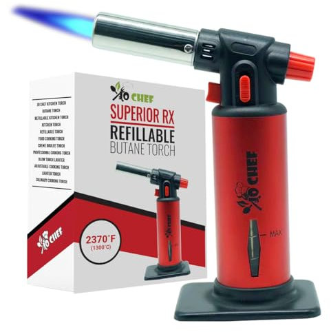 Jo Chef Butane Torch With 2 Butane cans included - 2,370°F Refillable Kitchen Torch, Adjustable Flame Lighter Gun With Safety Lock for BBQ, Baking, Brulee Creme, DIY, Crafts and Soldering + FREE eBook