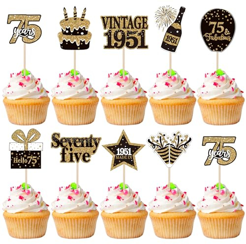 SYKYCTCY 36 PCS Happy 75th Birthday Cupcake Toppers Double Sided Seventy Five Hello 75 Vintage 1951 Cupcake Picks Cheers to 75 Years 75 Fabulous Cake Decorations for 75th Birthday Party Supplies