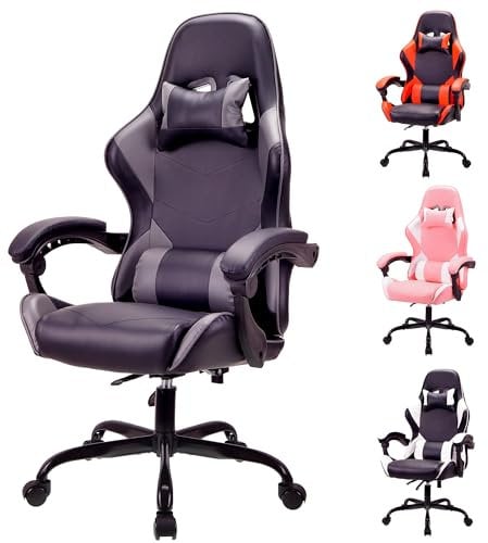 T-THREE.Ergonomic high-back gaming, computer, office, study, swivel, and racing-style chair with adjustable lumbar and headrest support, 150kg weight capacity, ideal for home office(Gray)