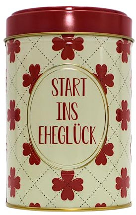 Dekohelden24 Metall-Spardose - Blechdosen-Design - Motiv: Start ins Eheglück, Blümchendesign in Rot und Beige, Größe H/Ø ac. 14 x 9 cm