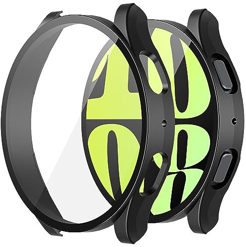 Misxi 2 Stück Hard PC Schutzhülle Hülle mit Gehärtetem Glas Kompatibel mit Samsung Galaxy Watch 6 44mm, Rundum Case Schutz mit Displayschutzfolie für Galaxy Watch6, Schwarz