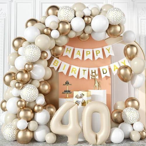 40th Birthday Decorations for Women Sand White Gold Balloons Arch Kit with Cream Number Foil Balloon Happy Birthday Bunting Banner Boho Beige White Metallic Champagne Gold Party Decor for 40 Years Old