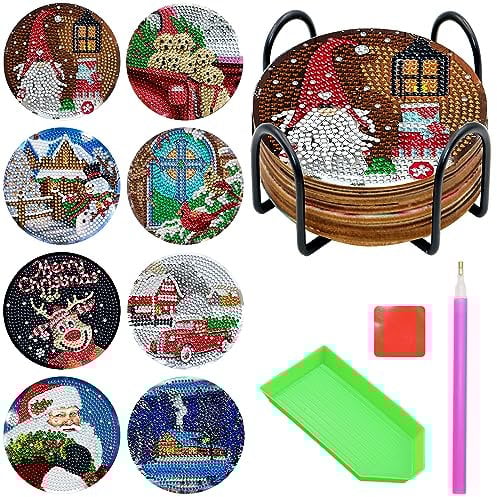 VEGCOO 8 Stück Diamond Painting Untersetzer,Weihnachtliche Diamantkunst-Untersetzer mit 1 Untersetzerhalter + 1 Kraftpapierbox DIY-Diamantkunstset Diamantkunst-Untersetzer für Erwachsene und Kinder