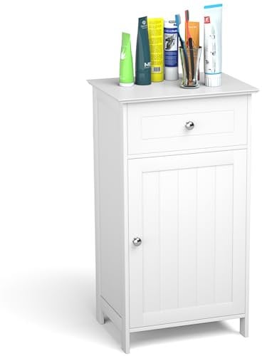 Multigot Bathroom Floor Cabinet, Freestanding Modern Storage Cupboard with Adjustable Shelf, 1 Doors & 1 Drawer, Floor Standing Organizer Unit for Living Room Hallway