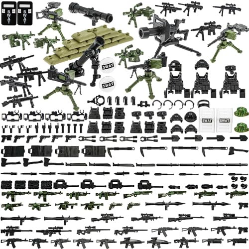 BrickBounty 130 pcs Pistolets-Armes-Packs Jouet pour Bloc de Construction de Grande Marque, Casque Gilet Équipement Ensemble pour Briques-Soldat Figurines WW2 Bases Militaires SWAT Rangers MUNITIONS.