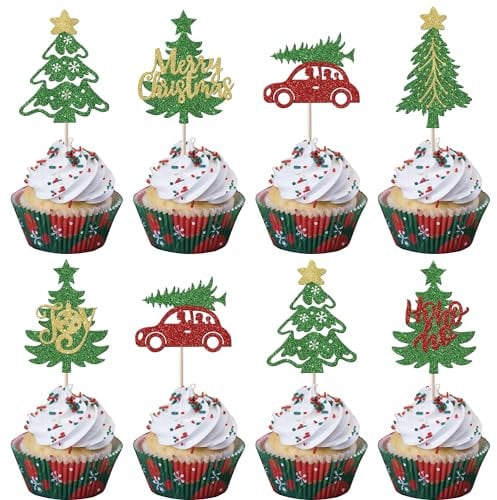 SYKYCTCY 24 Pack Christmas Tree Cupcake Toppers Glitter Merry Christmas Cupcake Picks Red Truck and Car Cake Decorations for Merry Christmas Tree Xmas Theme Party Cupcake Decorations Supplies