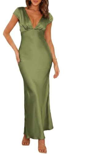 Halfisland - Vestido Largo de satén para Mujer, de Verano, Escote en V, Manga Casquillo, Espalda Descubierta, Elegante, Maxi, drapeado, Largo Midi, para invitada de Boda