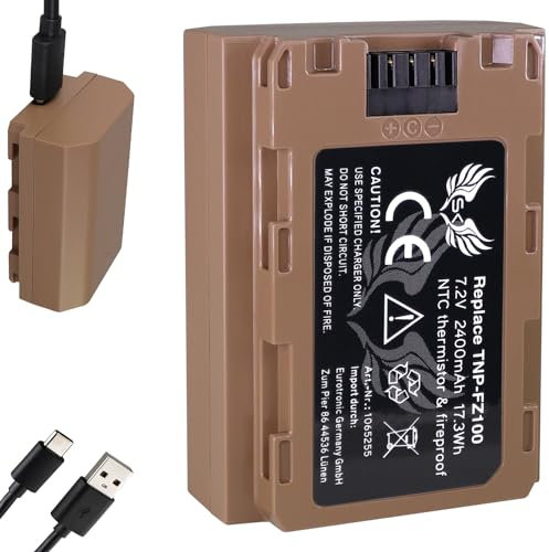 SK Akku kompatibel mit Sony NP-FZ100 |- 2400mAh -| mit USB Typ-C Ladeanschluss/NTC-Sensor & V1-Gehäuse für Sony FX30 Alpha 9 II A9 A9II A7R V ZV-E1