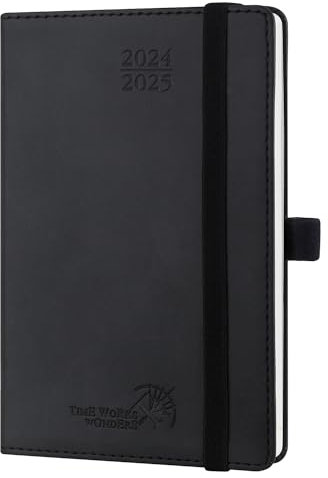 POPRUN Taschenkalender 2025 Klein (Aug.2024-Dez.2025) Softcover mit PU-Leder, ca. A6 (16 x 10,5 cm), Kalender 2025 Klein - Terminplaner 1 Woche 2 Seite mit Stiftschlaufe - Schwarz