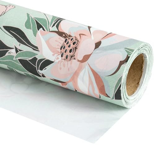 RUSPEPA weiße Kraft-Geschenkpapierrolle – Mini-Rolle – Blumen-Mint-Design, ideal für Geburtstag, Party und Babyparty – 43,2 cm x 10 m