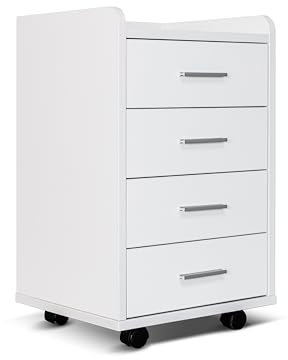 One Living Cassettiera Da Ufficio Con 4 Cassetti – Bianca Con Struttura Robusta, Ruote Piroettanti, Maniglie In Metallo – Già Montata, Design Moderno, Facile Da Spostare (Bianco L 40 x P 35 x H 60 cm)