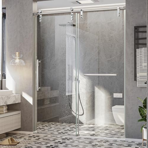 Kurapika 56-60 W x 75 H Frameless Sliding Glass Shower Door with 5/16 (8mm) Certified Clear Tempered Glass, Noiseless Shatterproof Shower Door, Brushed Nickel Stainless Steel Hardware