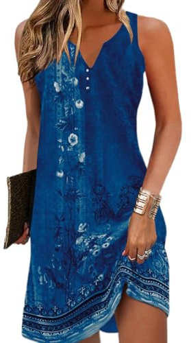 Yeenily Damen Bohemian Ärmellos Kleid V-Ausschnitt Blumenmuster Tunikakleider A Linien Lose Lässiges MiniKleid Freizeitkleid(Ärmellos Dunkelblau,M)