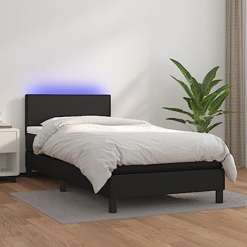 BAZZI Boxspringbett 100 x 200 cm mit Matratze und Led Bett Komplett Polsterbett 100 x 200 cm mit Matratze Schlafzimmerbett Doppelbett Komplett Schwarz-16 Bett mit Lattenrost Jugendbett Kunstleder