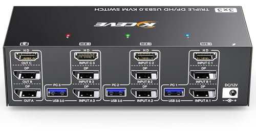 KVM Switch 3 Monitors 3 Computers 8K@60Hz 4K@144Hz, Camgeet HDMI+2 Displayport KVM Switch Triple Monitor for 3 Computer Share 3 Monitor and 4 USB3.0 Devices,Wired Remote and 12V power adapter Included