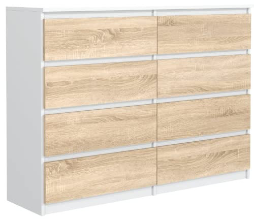 MebLocker Kommode mit 8 Schubladen 140 cm Ideal für Wohnzimmer, Schlafzimmer, Kinderzimmer, Jugendzimmer und Büro Moderne Elegante Lösung für stilvolle Aufbewahrung (Weiß Sonoma)