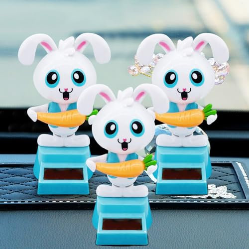 Recitem Auto Solar Wackelfigur Kleine Enten & Hase, Solar Wackelfiguren Tanzende Enten, Hase Solarfigur Statue Auto Armaturenbrett Deko Ornamente, Solarfigur Wackelfigur für Auto Haus Büro (3 Hase)