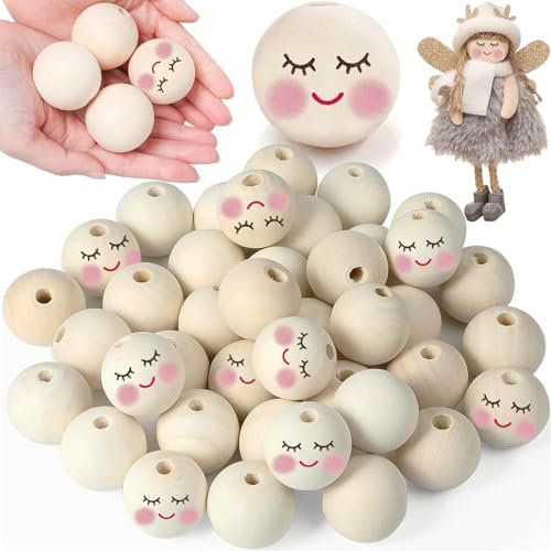 30mm Holzperlen mit Gesicht,Yueser 30 Stück Holzkugeln mit Gesicht für Sorgenwurm 30mm Holzperlen mit Gesicht Sorgenwürmchen Holzköpfe mit Gesicht Glückswürmchen Perlen mit Gesicht Holzkugeln mit Loch