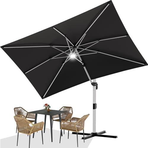 Devoko Parasol de balcon 300x400x260 cm en aluminium avec LED, parapluie de jardin déperlant avec manivelle, protection solaire UV50+, rotation à 360°, 3x4 M LED