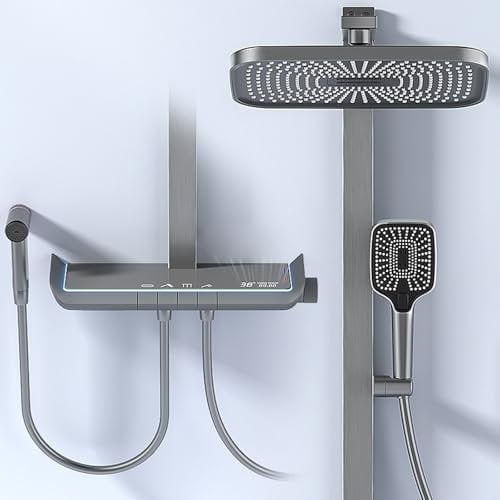 Colonne de douche thermostatique avec douchette - Systèmes de douche avec affichage numérique & pommeau, douche à effet pluie & Douchette de WC 丨Gris