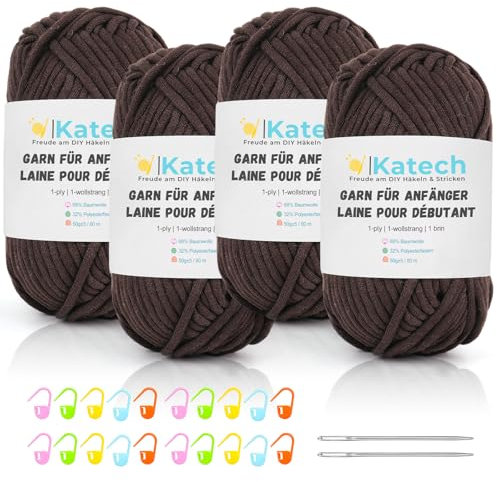 Katech Häkelgarn für Anfänger, 1-Wollstrang Kein Geteiltes Wolle zum Häkeln von Tier Untersetzer, Häkel- & Strickgarn, Dicke Wolle zum Stricken, 4 * 50g Dickes Garn Baumwolle zum Häkeln, Kaffeebraun