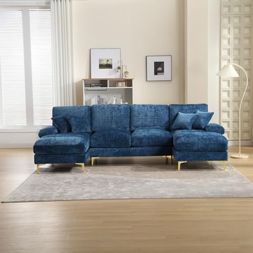 Sapgaks Großes modulares Sofa, modern, in U-Form, Doppelschlafcouch, beliebig zusammenbaubar, Chenille-Stoff, ausziehbar, extra groß, für Wohnzimmer, blau