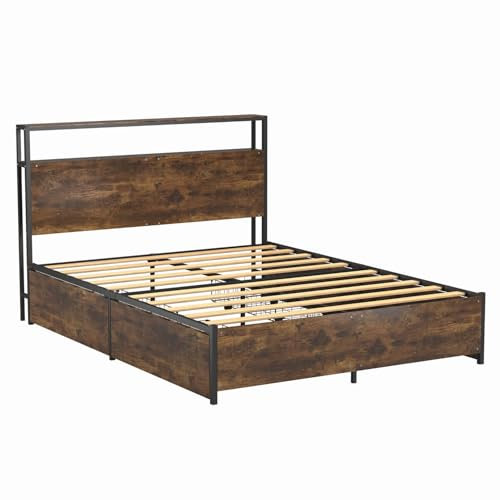 Panana King Bed Frame with 2-Tier Storage Headboard, Metal Frame with Wood Platform Slats, 4 Storage Drawers, Sturdy and Stable, No Box Springs Needed, Easy to Assemble (Rustic Brown, King)