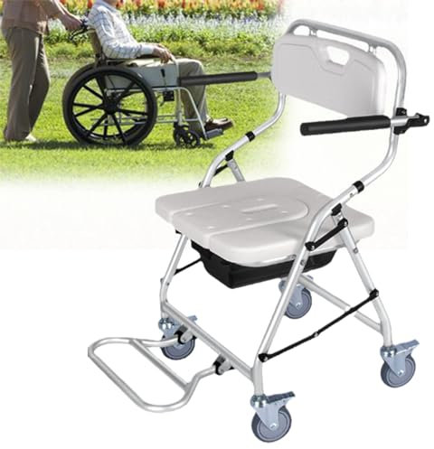 vanenferse Mobile Toilettenstuhl Mit Rollen, Anti-Rutsch Duschstuhl Mit Rückenlehne, Rollstuhl Klappbar Mit WC Eimer, Alltagshilfen Für Senioren, Werkzeugfreie Montage, Belastung 150 Kg