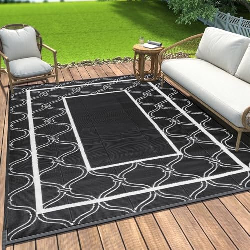 OIGAE Outdoor Teppich Wetterfest 120X180CM Balkon Teppich Modern Strapazierfähige Plastik Recyceltem Teppiche Camping Garten Schwarz Teppiche
