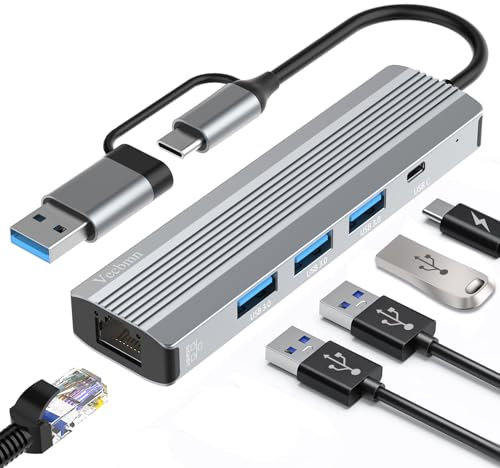Adaptateur USB Ethernet, 5 en 2 Hub/Adaptateur USB C avec RJ45 Ethernet 1000 Mbit/s avec 3 U-SB 3.0, U-S-B C Port, U-S-B Type-C vers E-thernet pour Windows XP/Mac/Linux/Chromebook