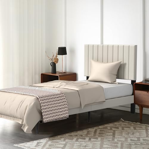 Froadp Polsterbett 90 x 200 cm – Doppelbettgestell mit Holzlattenstütze aus Samt, Gepolstertes Kopfteil mit Knöpfen, Plattformbettgestell für Schlafzimmer, Modernes Design (Beige)