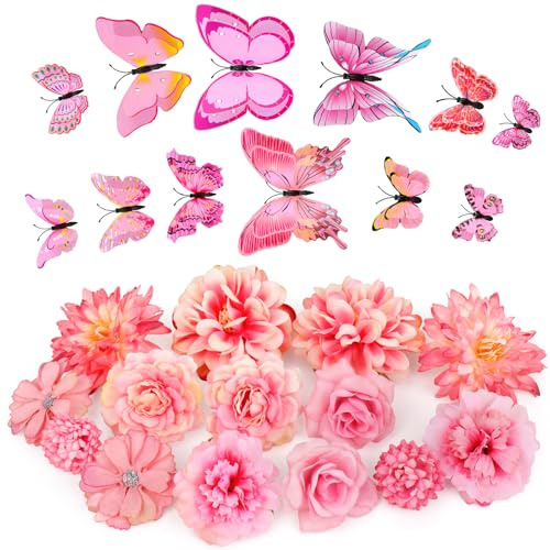 MWOOT 26 Stück Künstliche Blumenköpfe 3D Schmetterlinge, Kunstblumen Schmetterlinge Deko Klein für Handwerk, Gefälschte Rosen Nelke für DIY Kranz Kuchen Hochzeit Party Haus Garten Dekoration(Rosa)